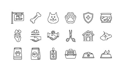 petshop, dog, cat, veterinary, aquarium, fish, adoption, paw, animal, petcare, grooming, collar, leash, bowl, carrier, clinic, store, petfood, icon, icons, line, outline, vector, editable, isolated, w © MstBabli