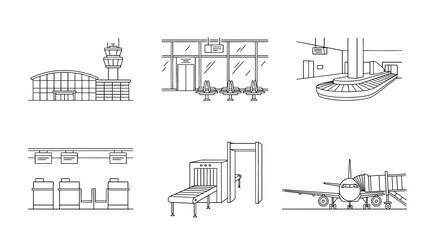 airport terminal, 6 black delicate line drawings vector set collection , white background , PNG and SVG