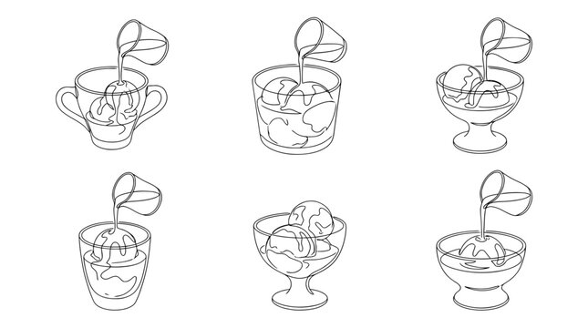 affogato, 6 black delicate line drawings vector set collection , white background , PNG and SVG