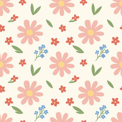 Obraz premium Hand_Drawn_Pastel_Pink_Daisy_and_Colorful_Wildflower_Pattern
