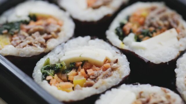 Close-Up of Korean Kimbap with Ground Meat Traditional Style