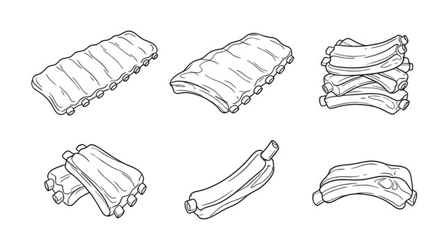 bbq ribs, 6 black delicate line drawings vector set collection , white background , PNG and SVG