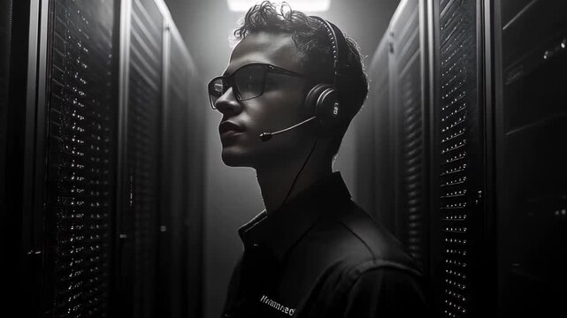 Young technician wearing headset in server room, focused on monitoring systems amidst technology