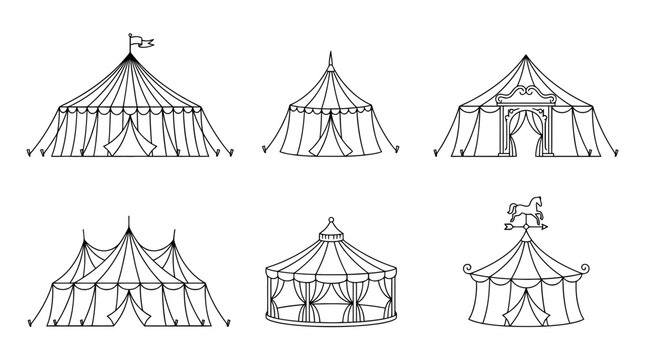 circus tent, 6 black delicate line drawings vector set collection , white background , PNG and SVG