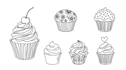 cupcake, 6 black delicate line drawings vector set collection , white background , PNG and SVG