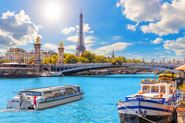 Alexandre III Bridge with Ships on the Seine River and Eiffel Tower behind, Paris, France