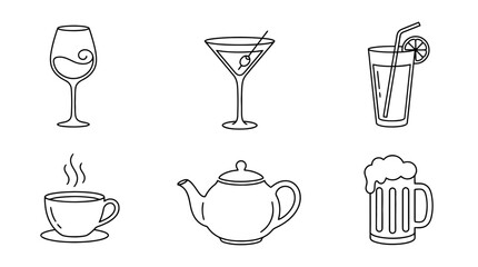 drink menu, 6 black delicate line drawings vector set collection , white background , PNG and SVG