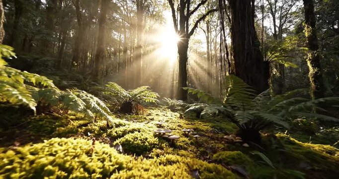 Sunlight filtering through forest trees.