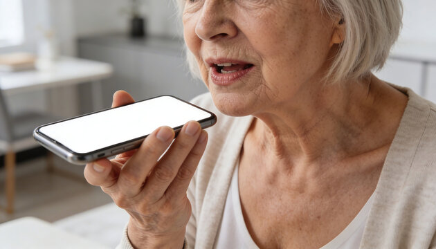 Elderly woman using voice recognition feature on smartphone speaking commands to virtual assistant mobile device closeup portrait at home