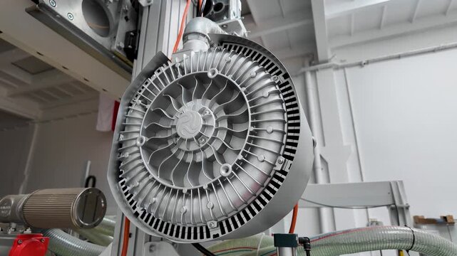 Industrial air blower rotating on automated machinery