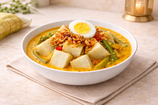 Indonesian Ketupat Sayur Traditional Eid Rice Cake with Coconut Vegetable Curry. Popular Lebaran and festive meal, perfect for Ramadan banner, menu design, food advertising, and cookbook illustration.
