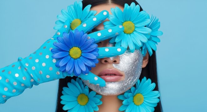 Young woman with flowers and silver face mask on blue background  