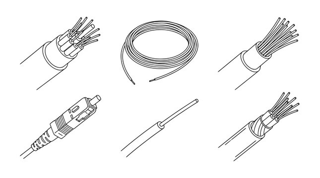 fiber optic cable, 6 black delicate line drawings vector set collection , white background , PNG and SVG