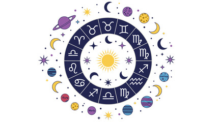 A colorful illustration of a zodiac wheel with astrological symbols and celestial bodies on a white background. © Anton AL Ghifari