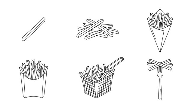 french fries, 6 black delicate line drawings vector set collection , white background , PNG and SVG
