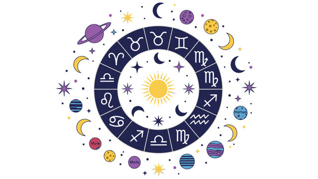 A colorful illustration of a zodiac wheel with astrological symbols and celestial bodies on a white background.