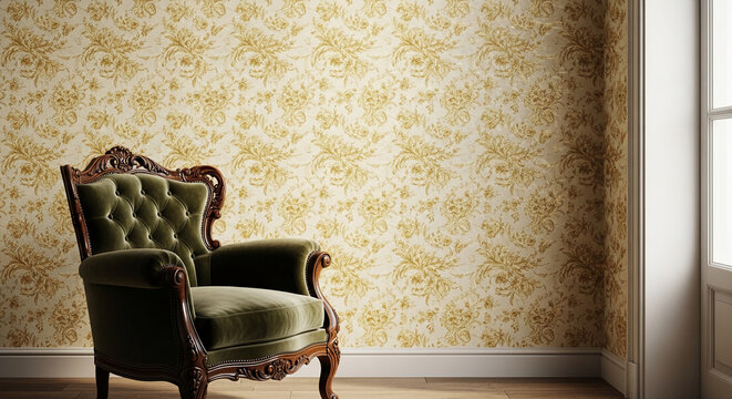 Room interior with ornate floral wallpaper and green velvet armchair. It showcases classic design, conveying elegance, comfort, and relaxation