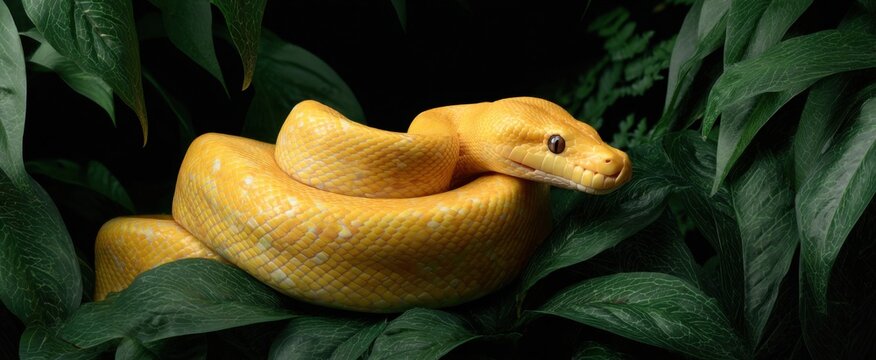 Coiled bright yellow python radiates calm strength amidst soft lush tropical leaves.