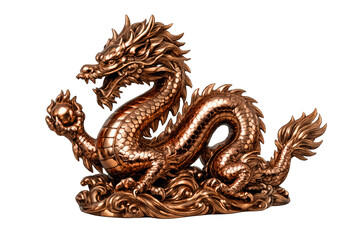 Fototapeta premium Bronze chinese dragon statue holding flaming pearl, traditional mythical creature representing power, luck, and prosperity, transparent background