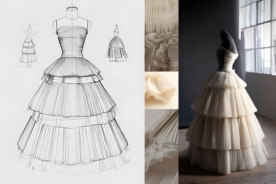Structured crinoline dress emphasizing texture and volume in neutral tones.
