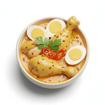 3D realistic bowl of indonesian opor ayam chicken curry with eggs for eid feast isolated on white background.