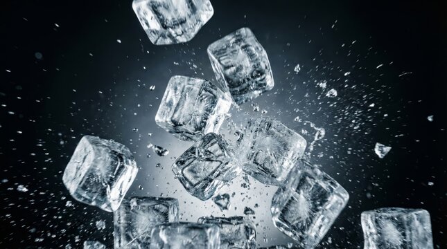 Ice cubes are exploding and falling through water, creating splashes and a refreshing burst of frozen energy against a dark, contrasting background, symbolizing coolness and refreshment