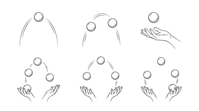 juggling balls, 6 black delicate line drawings vector set collection , white background , PNG and SVG