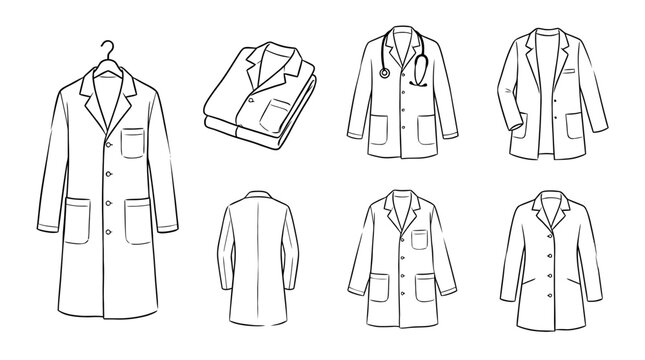 lab coat, 6 black delicate line drawings vector set collection , white background , PNG and SVG