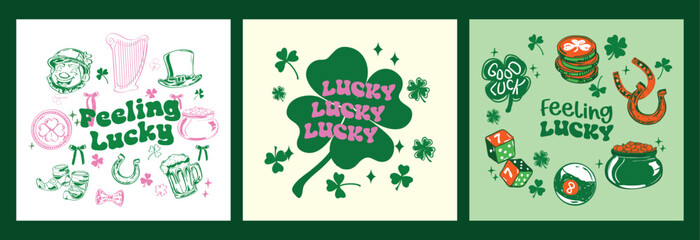 Fototapeta premium Trendy Feeling Lucky Pink and Green Irish Poster Set