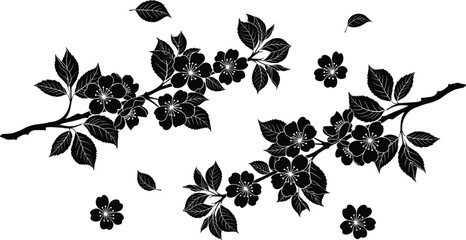 Black silhouette cherry blossom branch with blooming flowers, leaves and buds, elegant sakura tree twig design vector illustration © Abu