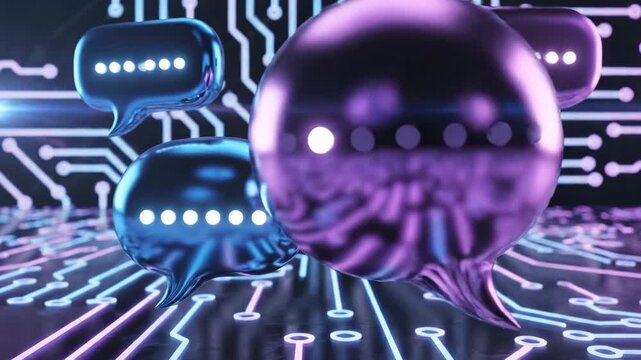 Futuristic communication network digital discussion bubbles holographic circuit board social media connection online conversation platform artificial intelligence chatbot