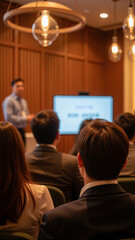Obraz premium Business seminar audience professional indoor presentation speaker formal learning education focus modern lighting attentive