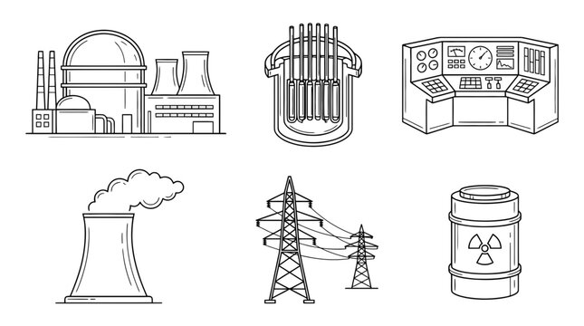 nuclear power plant, 6 black delicate line drawings vector set collection , white background , PNG and SVG