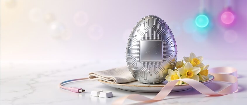 Silver Easter egg with circuit board pattern and computer chip. Futuristic technology holiday concept with daffodils and USB cable