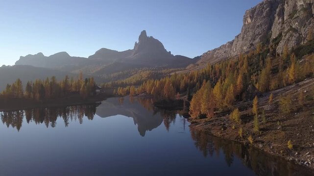 Lago Federa Autum sunrise Dolomites drone 