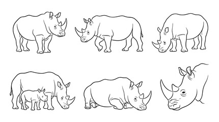 Fototapeta premium rhino, 6 black delicate line drawings vector set collection , white background , PNG and SVG