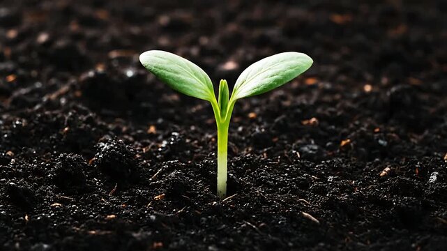 Experience the Cinematic 4k majesty of a delicate green seedling, a testament to enduring life and vibrant growth breaking through nutrient-rich soil