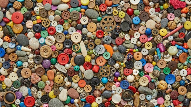 Colorful assortment of vintage and modern buttons, beads, metal gears and small craft pieces arranged in a textured, full-frame flat-lay collage for mixed-media art