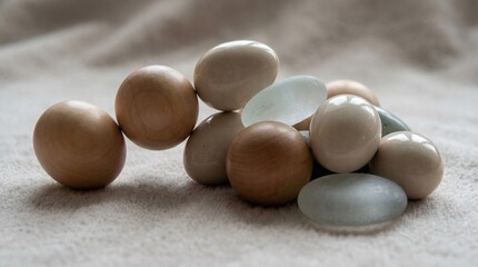 Smooth, round, and tactile pebbles and wooden spheres are arranged in a comforting pile on a soft textured surface, representing harmony, meditation, and natural materials