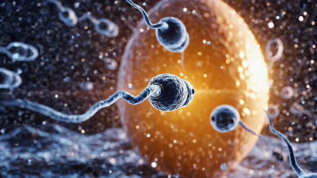 Microscopic view of fertilization process sperm cells approaching ovum in vibrant blue and orange glowing biological background with sparkling