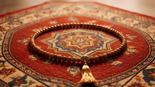 Islamic Prayer Beads on Traditional Rug, Religious Meditation & Spirituality Concepts