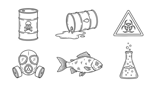 toxic waste, 6 black delicate line drawings vector set collection , white background , PNG and SVG