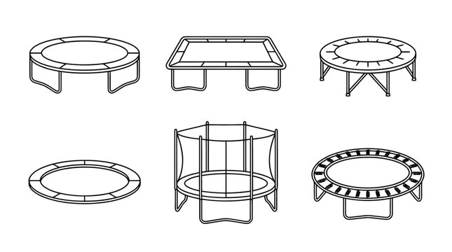 trampoline, 6 black delicate line drawings vector set collection , white background , PNG and SVG