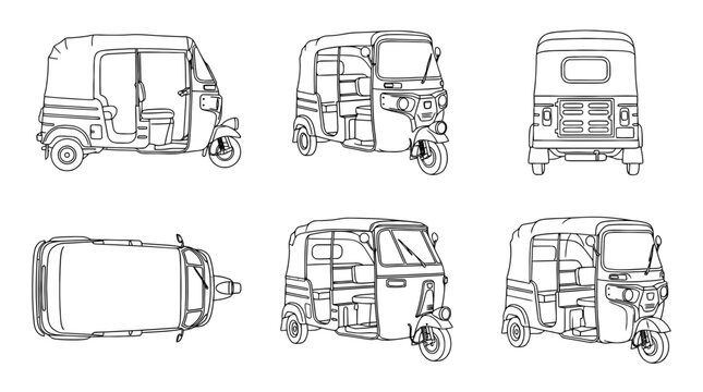 tuk tuk, 6 black delicate line drawings vector set collection , white background , PNG and SVG