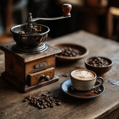 Vintage Manual Coffee Grinder and Cup of Latte Art on Rustic Wood