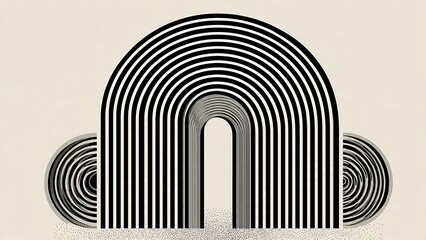 Naklejka premium Abstract Black and White Arch Design with Curved Stripes and Shapes