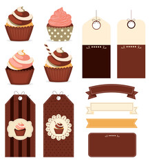 Cupcake labels and bakery tags set with ribbons and dessert elements flat vector illustration
