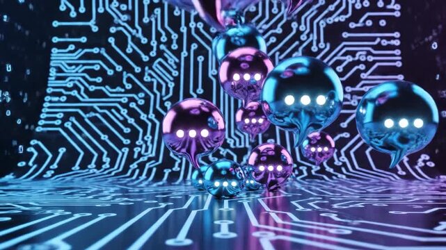Neon circuit board with speech bubble spheres for technology or communication backgrounds and visual effects