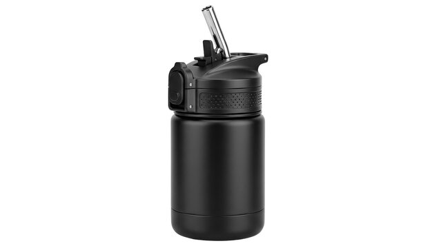 Black insulated water bottle with straw lid isolated on transparent background