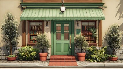 Charming bookstore entrance with green door and colorful potted plants